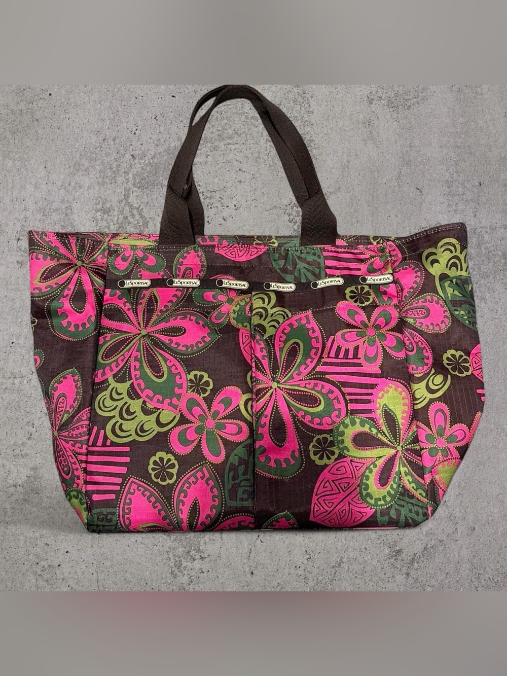 Lesportsac Brown Tote with Hot Pink & Lime Floral Print